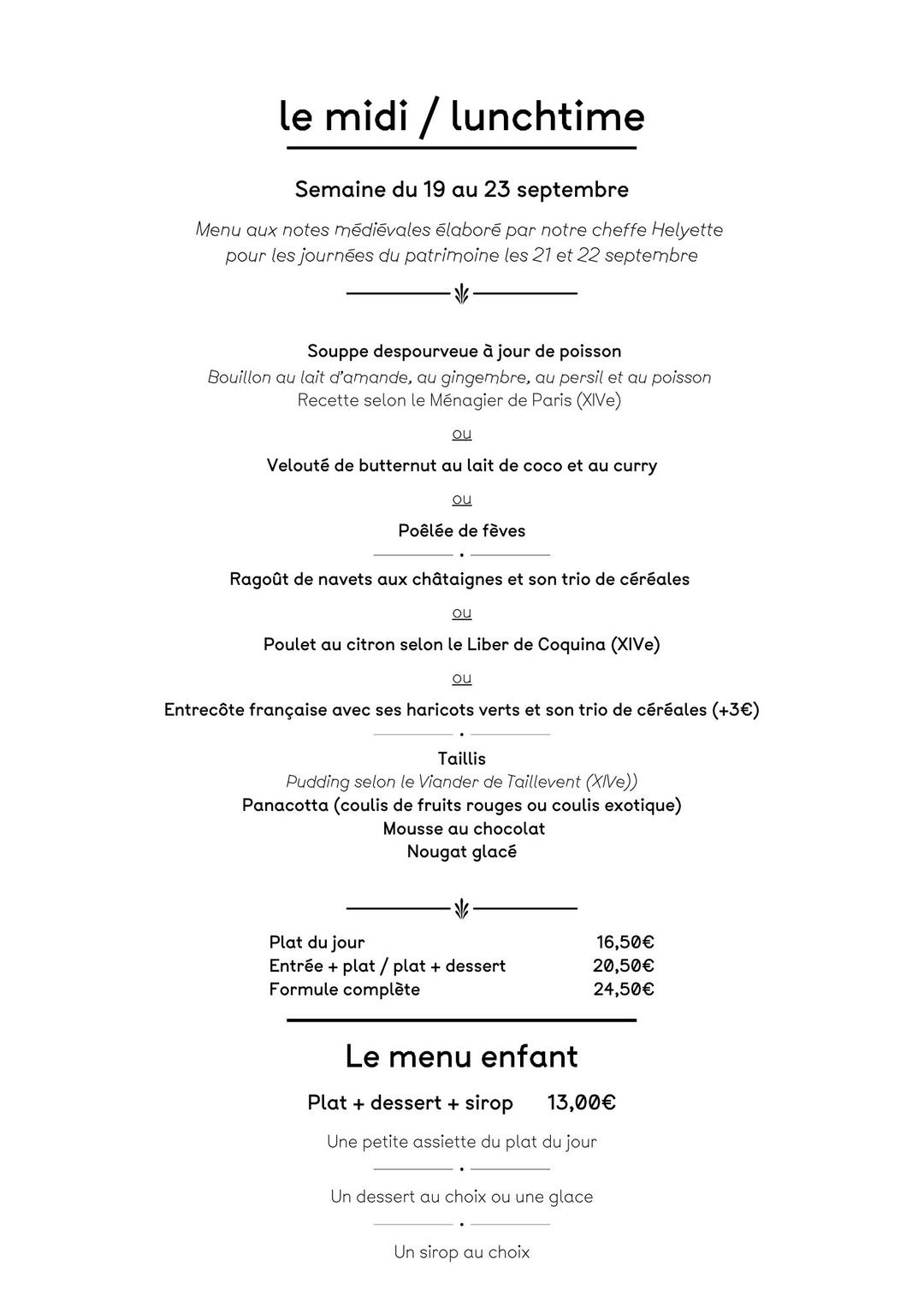 Le menu du déjeuner de la semaine